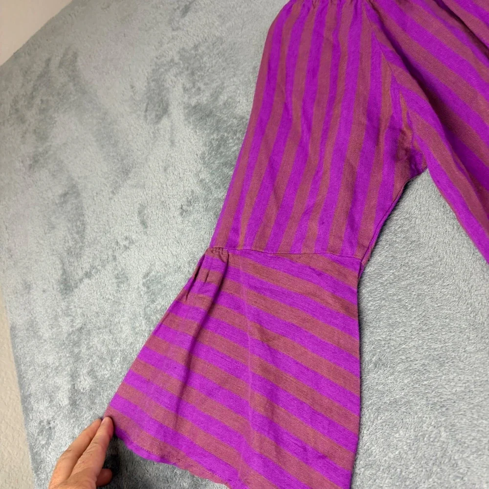 Free People XS Purple Folk Town Striped Linen Blend Tunic Dress Tassel Pockets